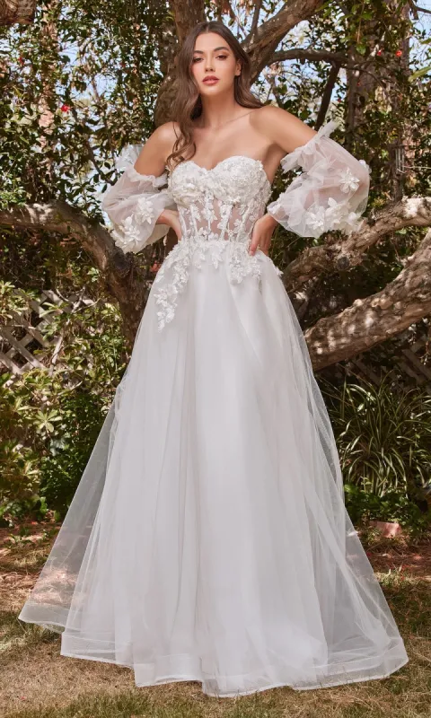 Puff-Sleeve Strapless Long White Bridal Gown CD962W sold by PromGirl