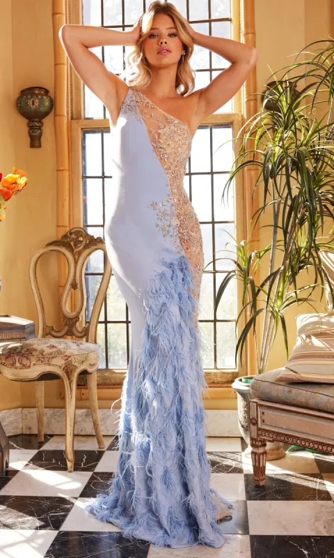 Jovani Long Sheer Feather Pageant Dress 03389 sold by PromGirl