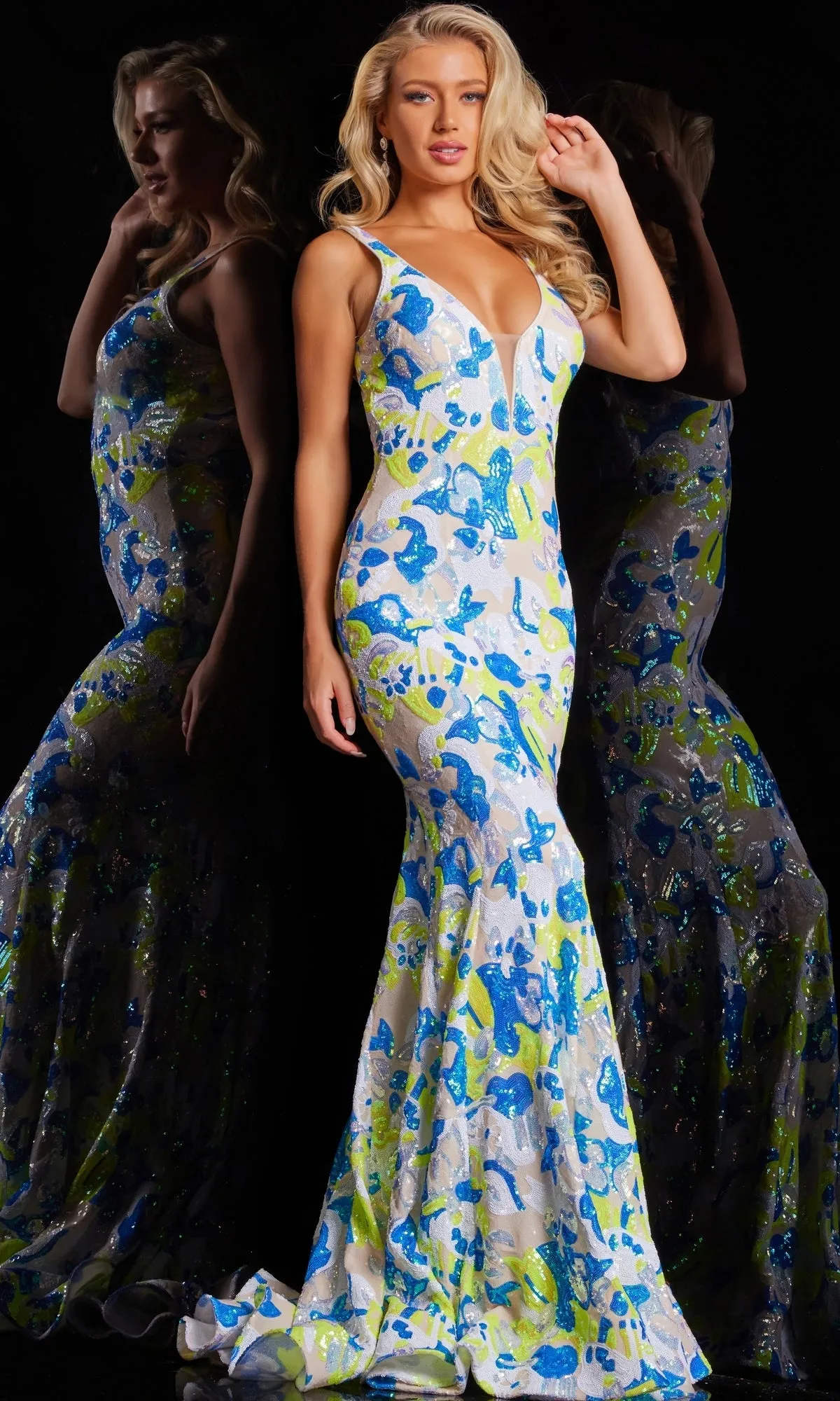 Jovani V-Back Long Sequin-Print Prom Dress 26130 sold by PromGirl product image thumbnail 4