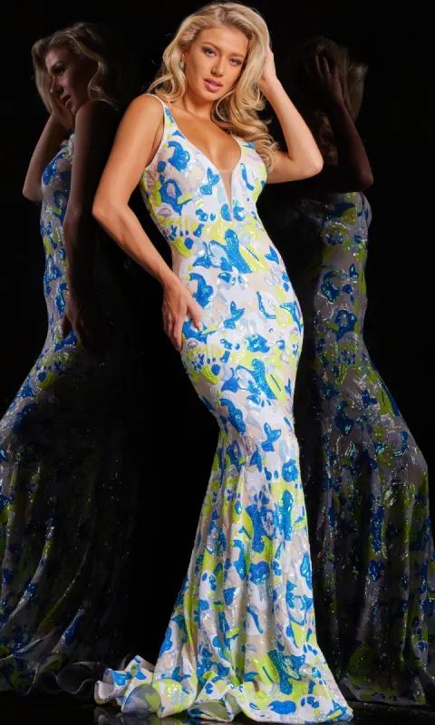Jovani V-Back Long Sequin-Print Prom Dress 26130 sold by PromGirl