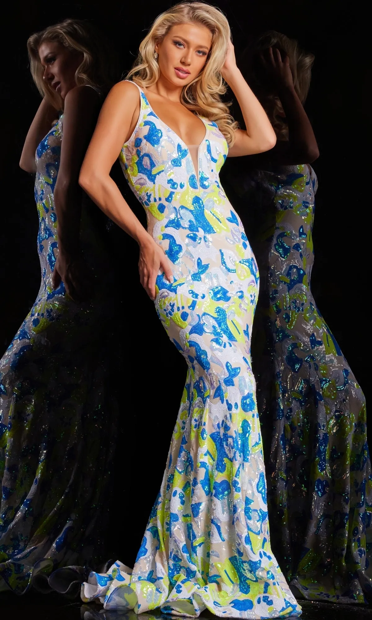 Jovani V-Back Long Sequin-Print Prom Dress 26130 sold by PromGirl