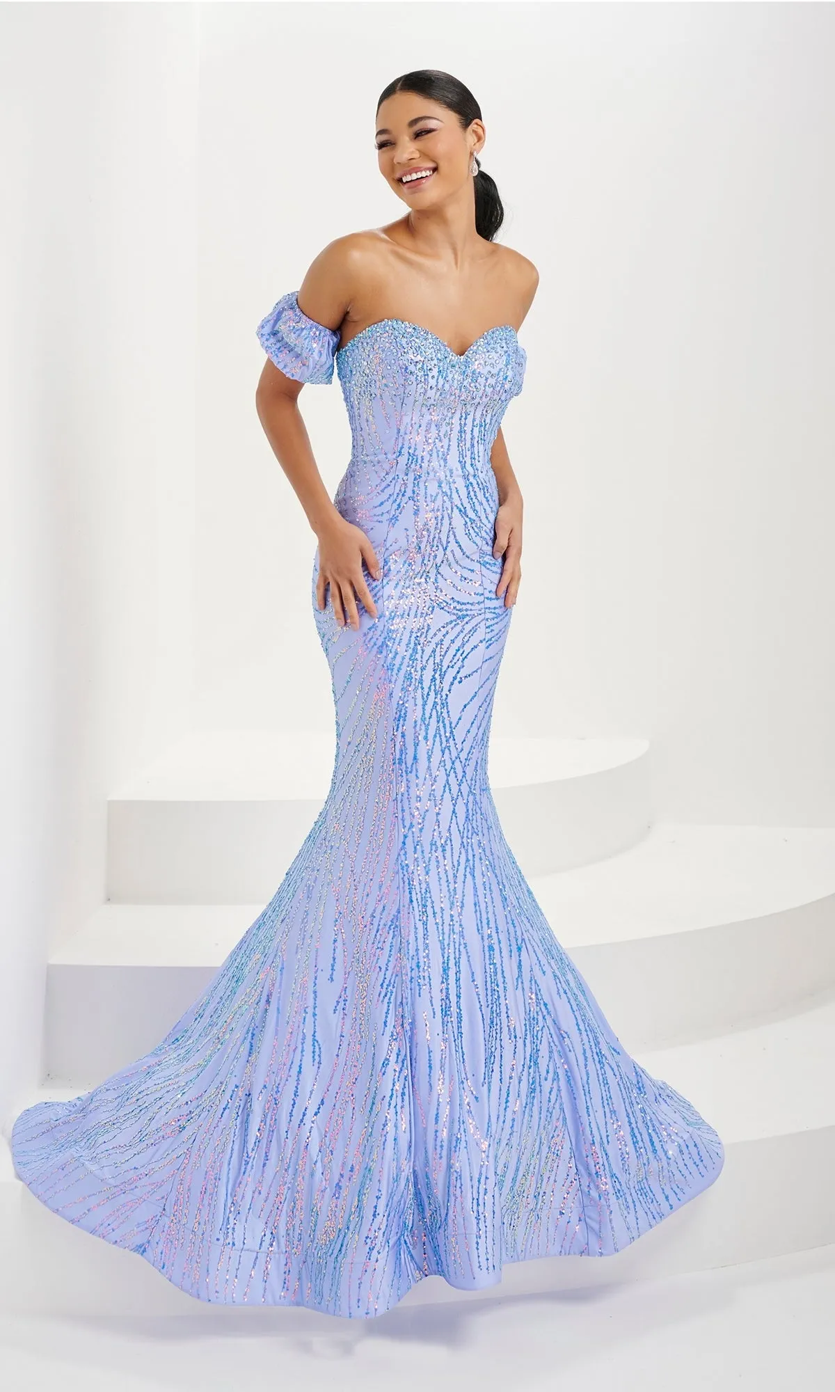 Tiffany Glitter-Print Black Mermaid Prom Dress 16071 sold by PromGirl