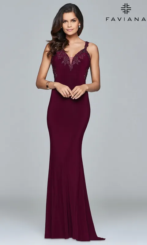 V-Neck Floor-Length Formal Prom Dress by Faviana sold by PromGirl