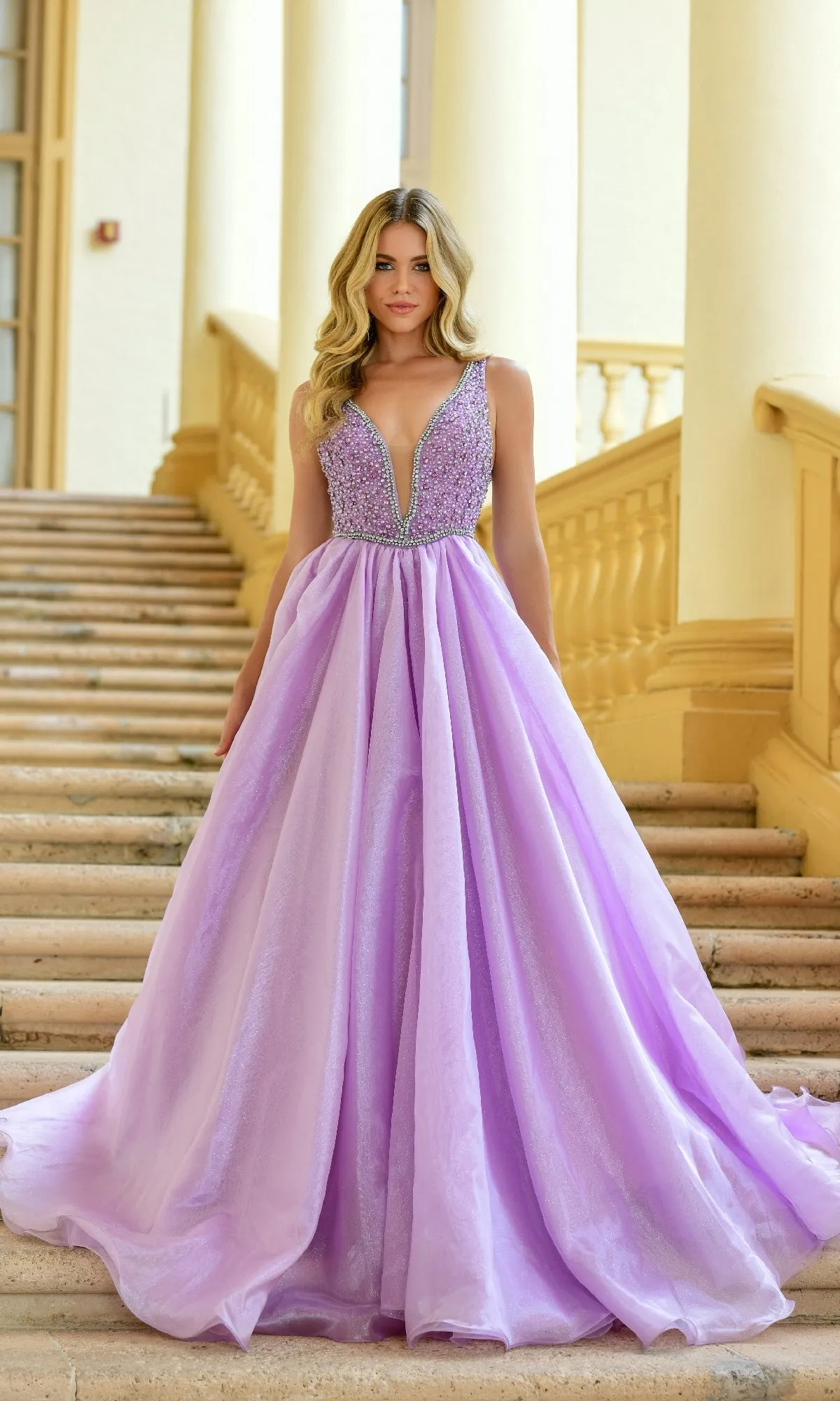 Deep V-Neck Long Prom Ball Gown: Ava Presley 38342 sold by PromGirl