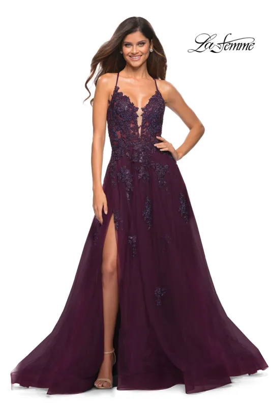 La Femme Open-Back Long Ball Gown with Lace sold by PromGirl