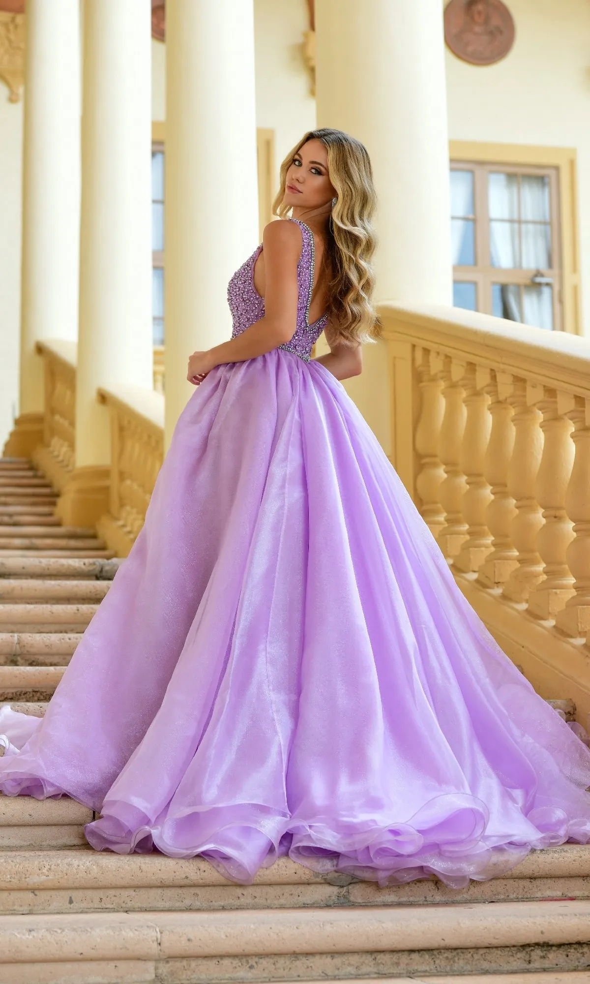 Deep V-Neck Long Prom Ball Gown: Ava Presley 38342 sold by PromGirl product image thumbnail 2