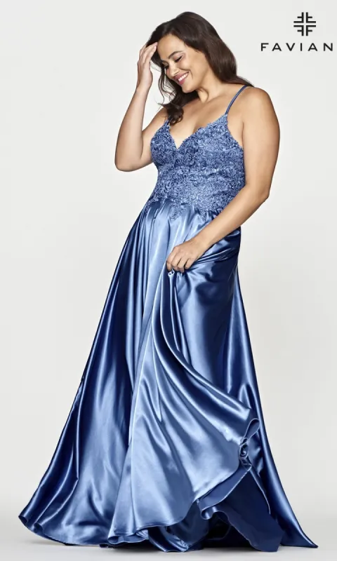 Faviana Plus-Size Long Lace-Up Prom Dress sold by PromGirl