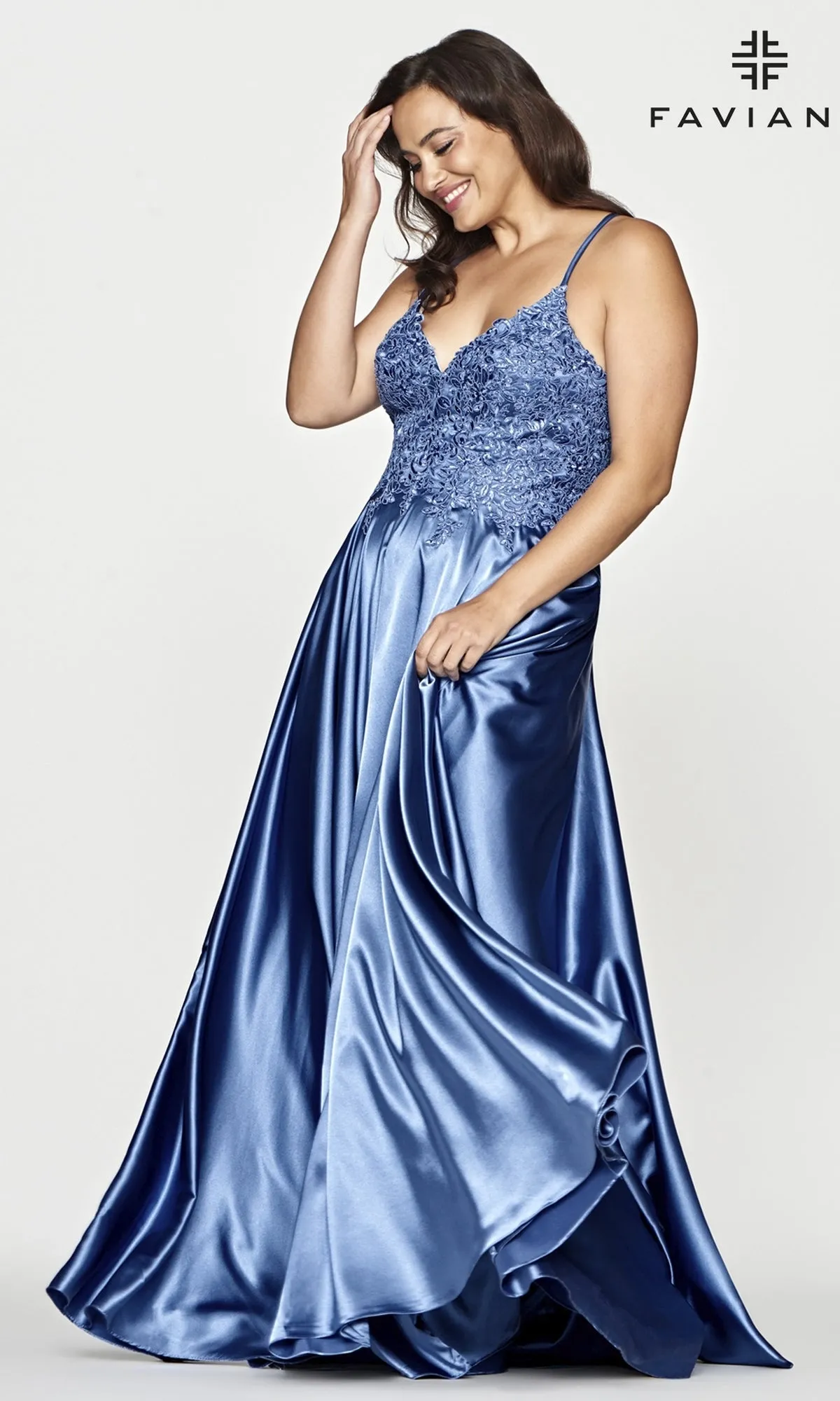 Faviana Plus-Size Long Lace-Up Prom Dress sold by PromGirl