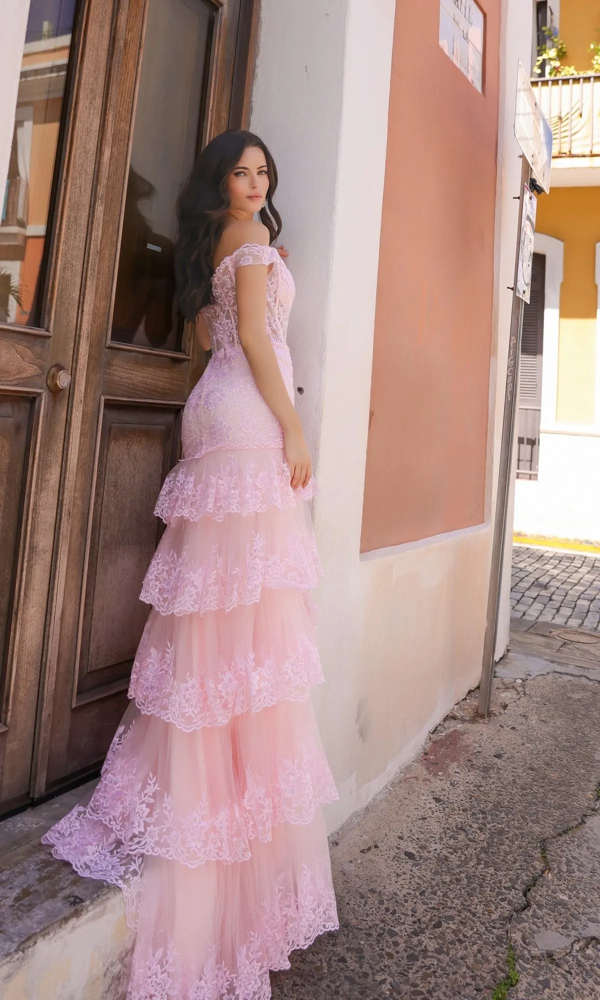 Off-Shoulder Long Lace Ruffled Prom Dress R1301 sold by PromGirl product image thumbnail 2