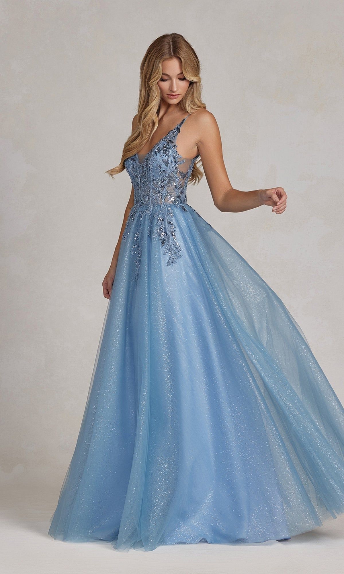 Dusty Blue Shimmer Prom Ball Gown sold by PromGirl