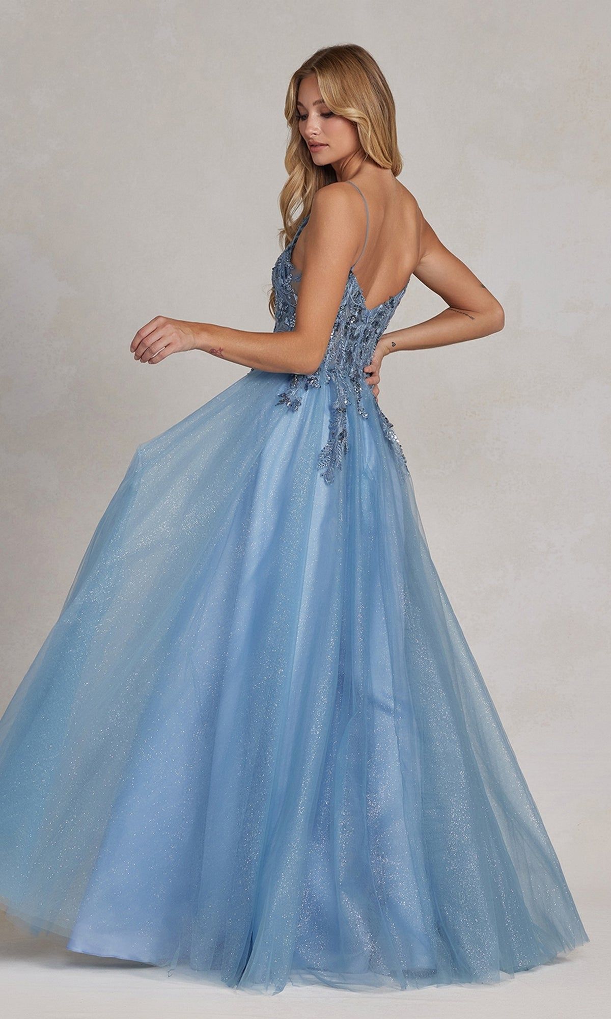 Dusty Blue Shimmer Prom Ball Gown sold by PromGirl product image thumbnail 2