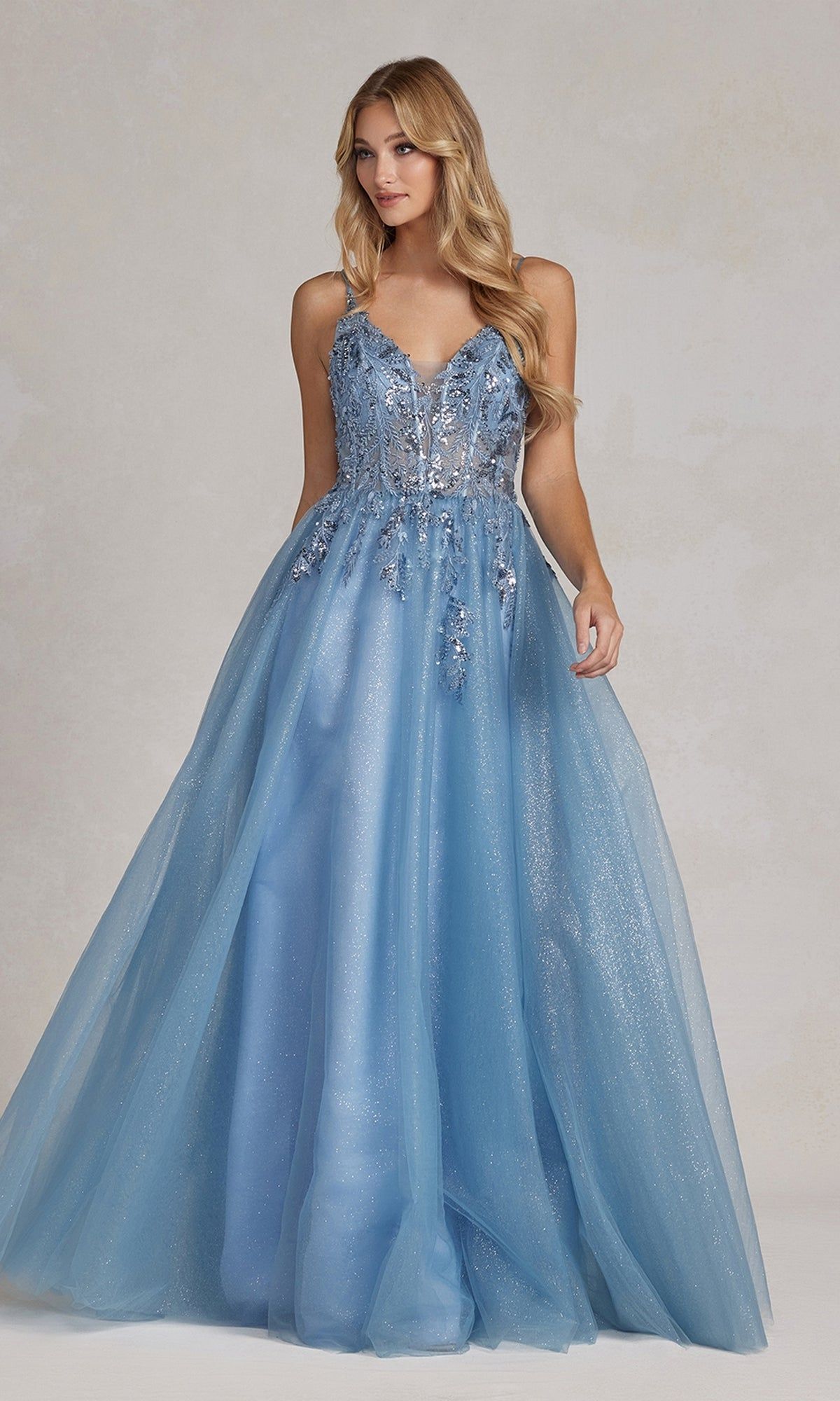 Dusty Blue Shimmer Prom Ball Gown sold by PromGirl product image thumbnail 4