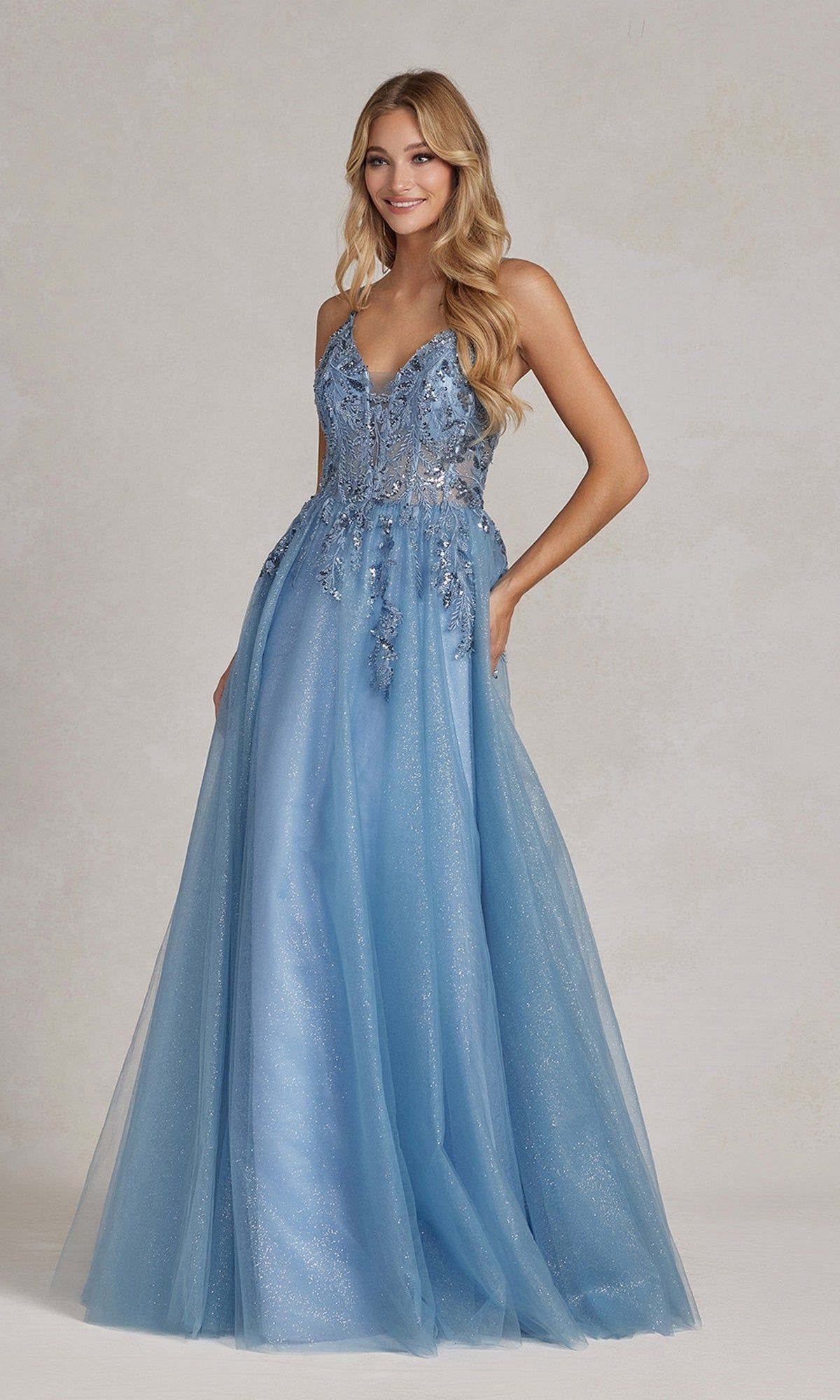 Dusty Blue Shimmer Prom Ball Gown sold by PromGirl product image thumbnail 3