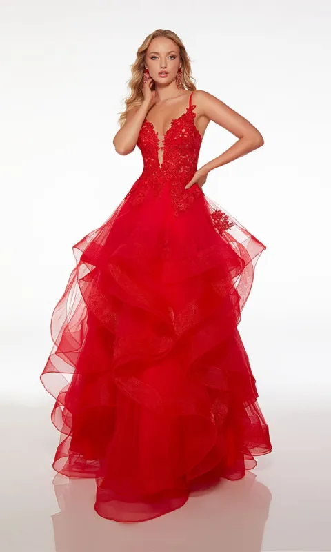 Alyce Lace-Bodice Long Red Tiered Prom Dress 61476 sold by PromGirl