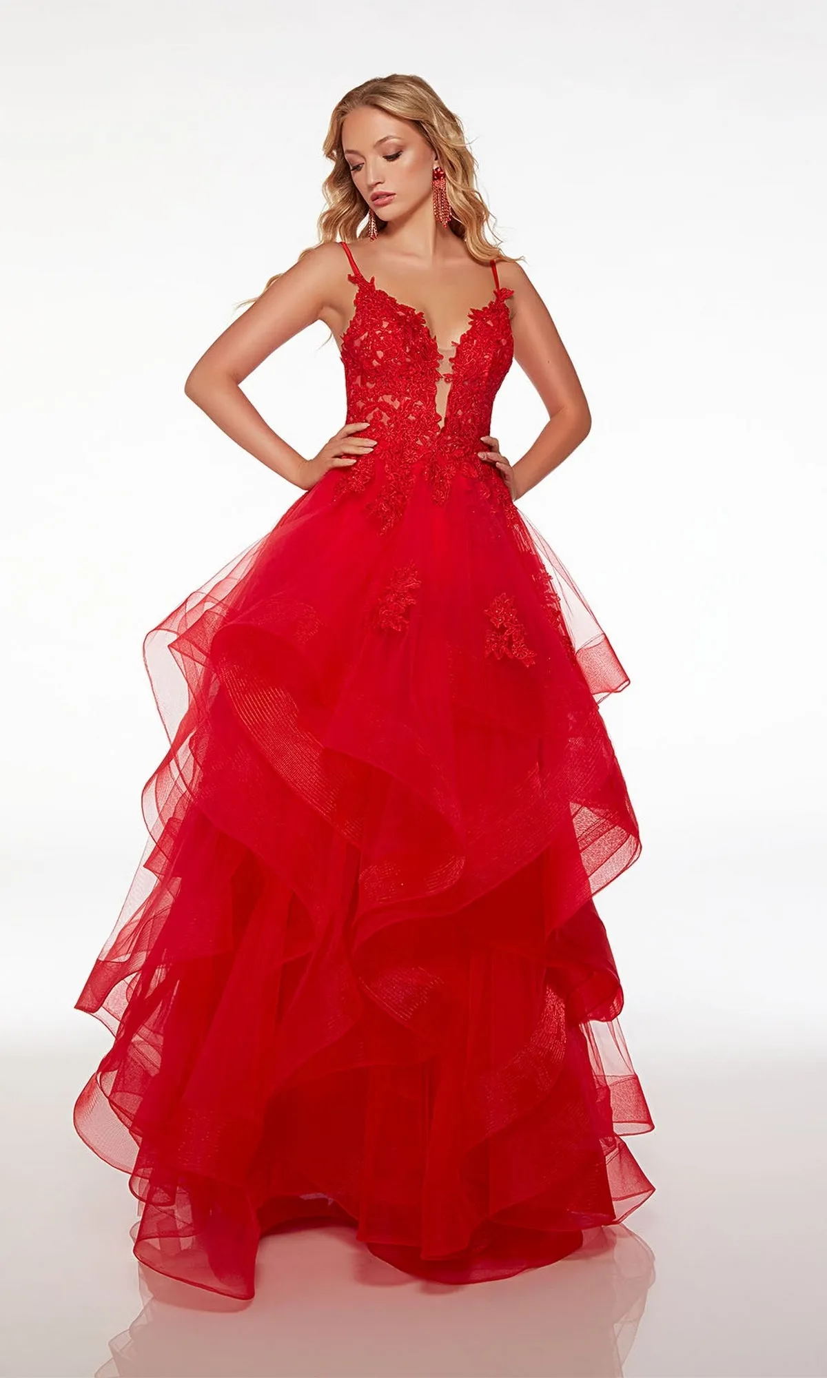 Alyce Lace-Bodice Long Red Tiered Prom Dress 61476 sold by PromGirl product image thumbnail 3