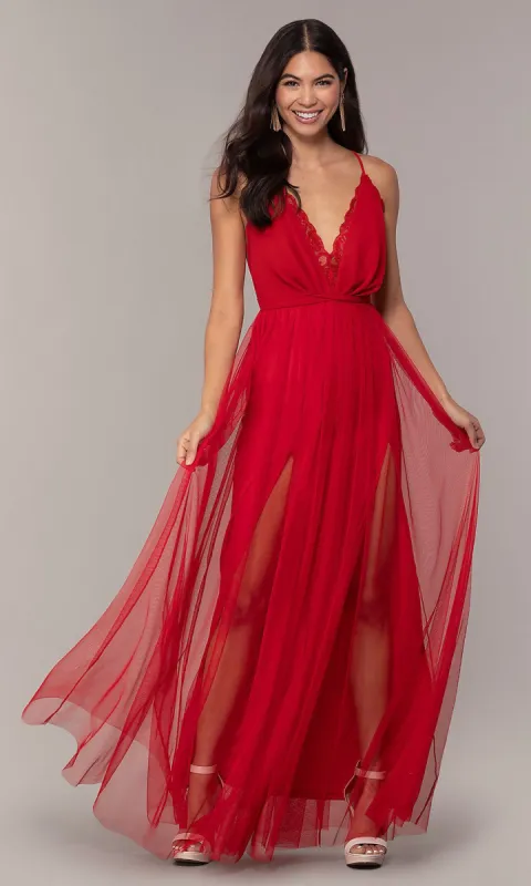Lace-Bodice Open-Back Long Prom Dress by PromGirl sold by PromGirl