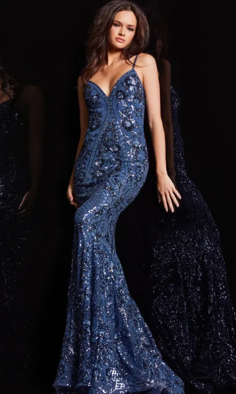 Jovani V-Back Long Sequin-Print Prom Dress 23839 sold by PromGirl