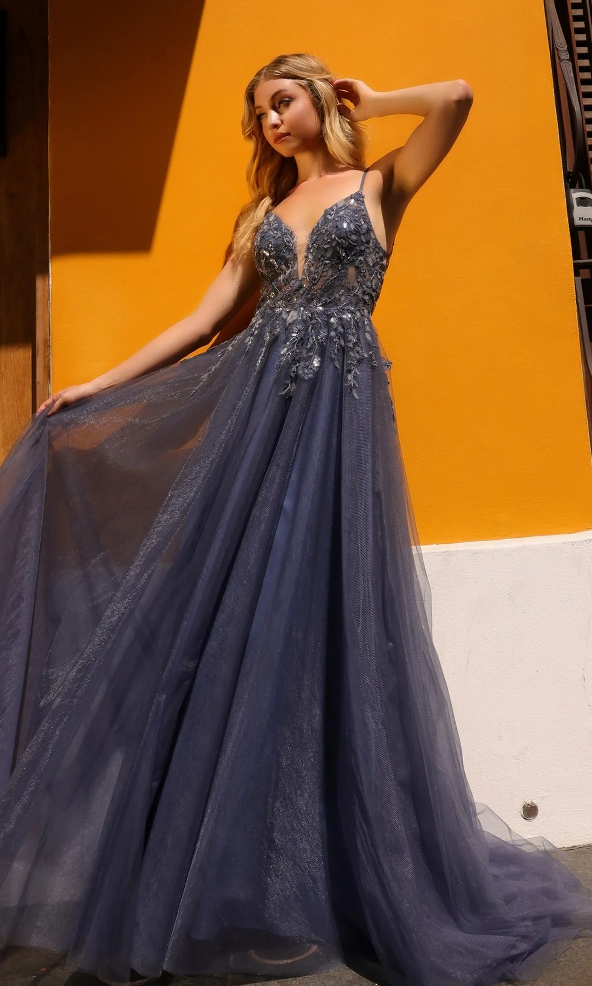 Deep V-Back Long Tulle A-Line Prom Dress Q1391 sold by PromGirl product image thumbnail 4