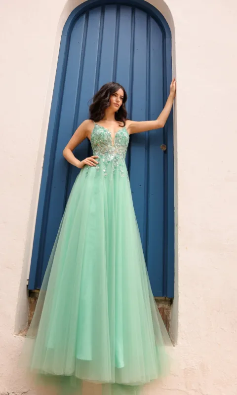 Deep V-Back Long Tulle A-Line Prom Dress Q1391 sold by PromGirl