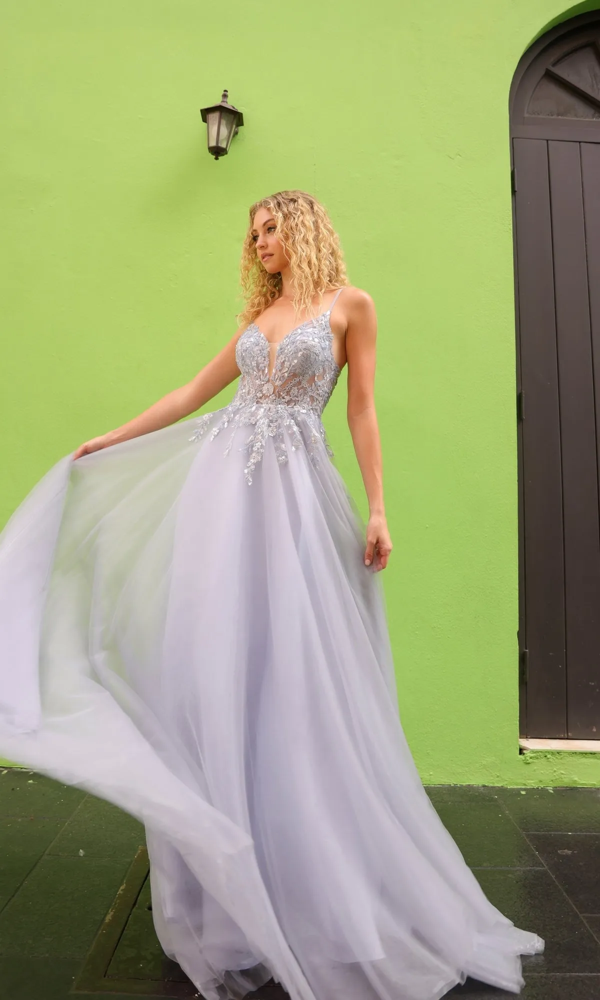 Deep V-Back Long Tulle A-Line Prom Dress Q1391 sold by PromGirl product image thumbnail 3