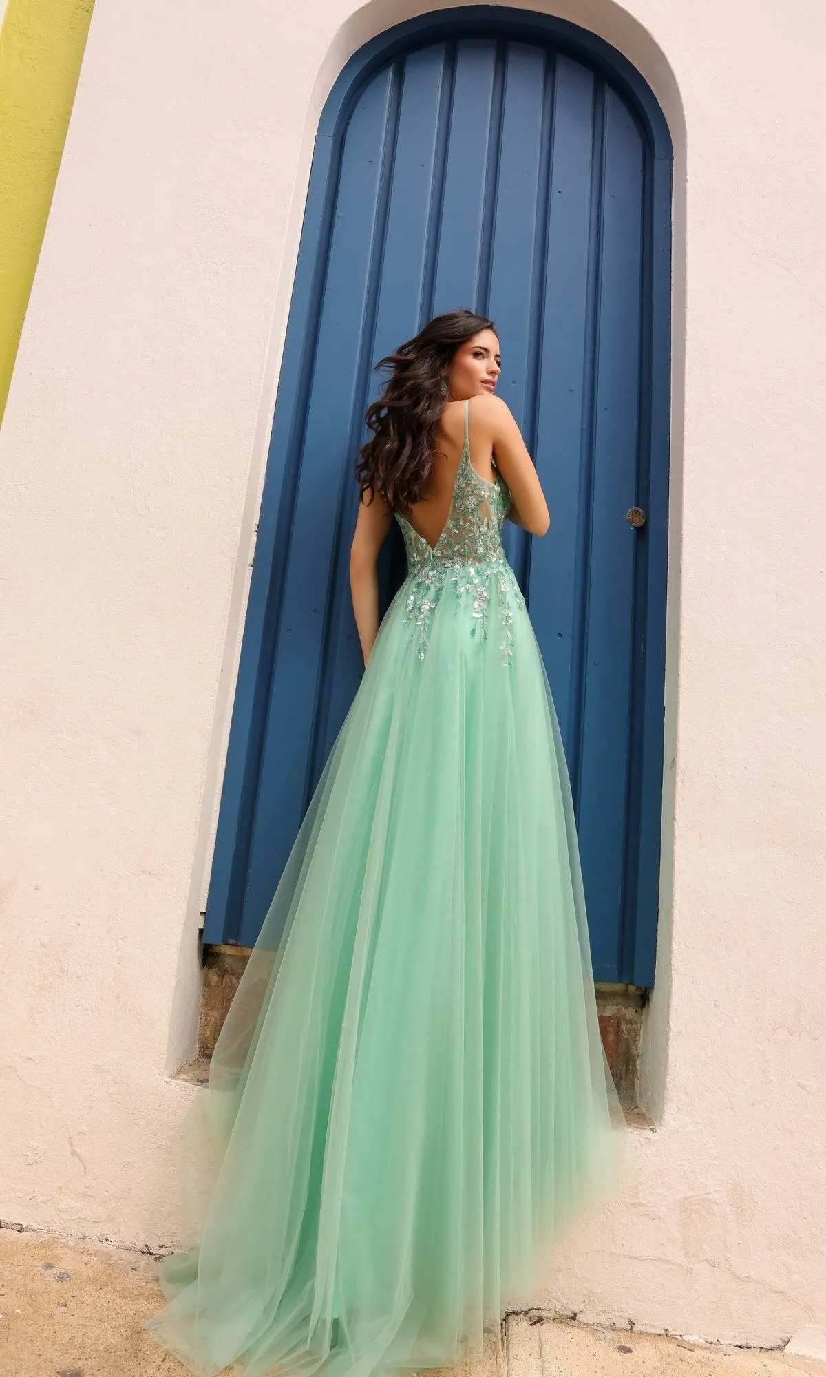 Deep V-Back Long Tulle A-Line Prom Dress Q1391 sold by PromGirl product image thumbnail 2