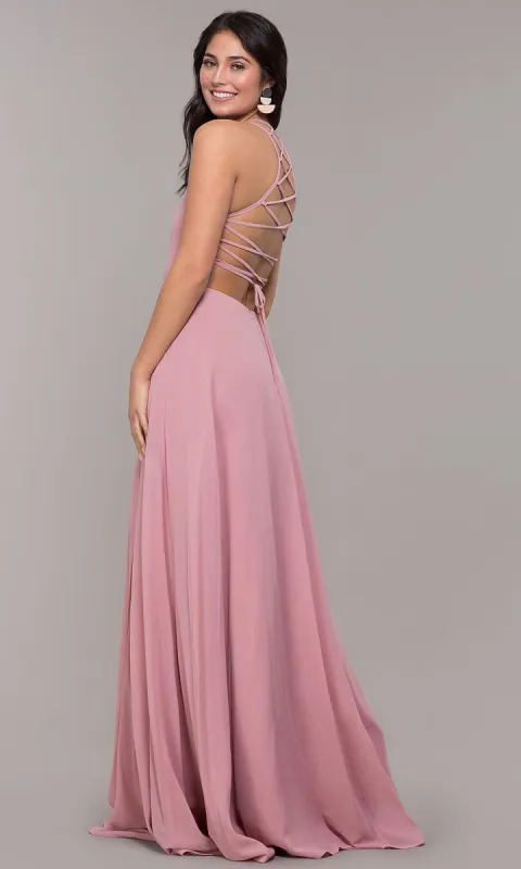 Long Chiffon Lace-Up-Back Prom Dress by Simply sold by PromGirl