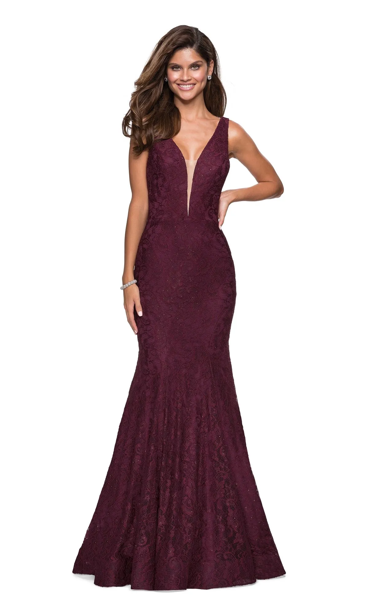 V-Neck Lace Mermaid Prom Dress: La Femme 27464 sold by PromGirl