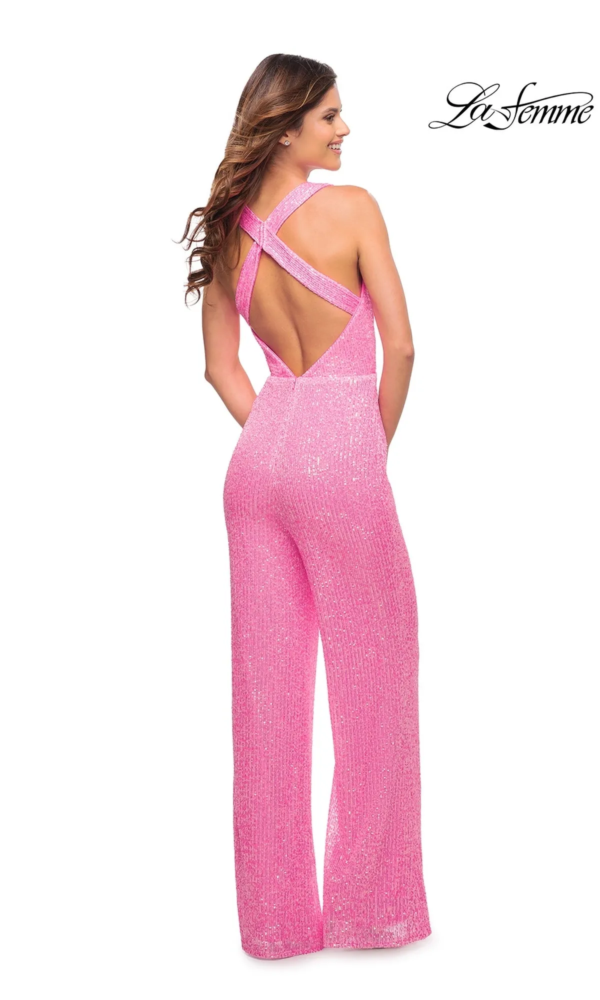 La Femme Neon Pink Long Sequin Prom Jumpsuit 30811 sold by PromGirl product image thumbnail 2