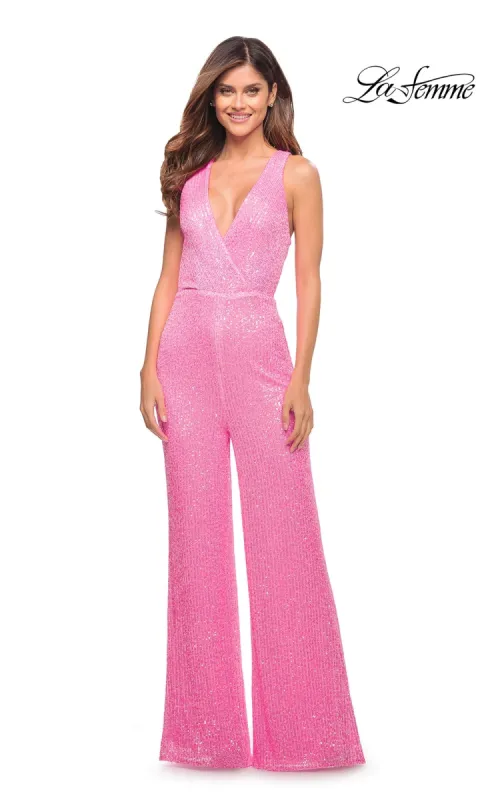 La Femme Neon Pink Long Sequin Prom Jumpsuit 30811 made by La Femme