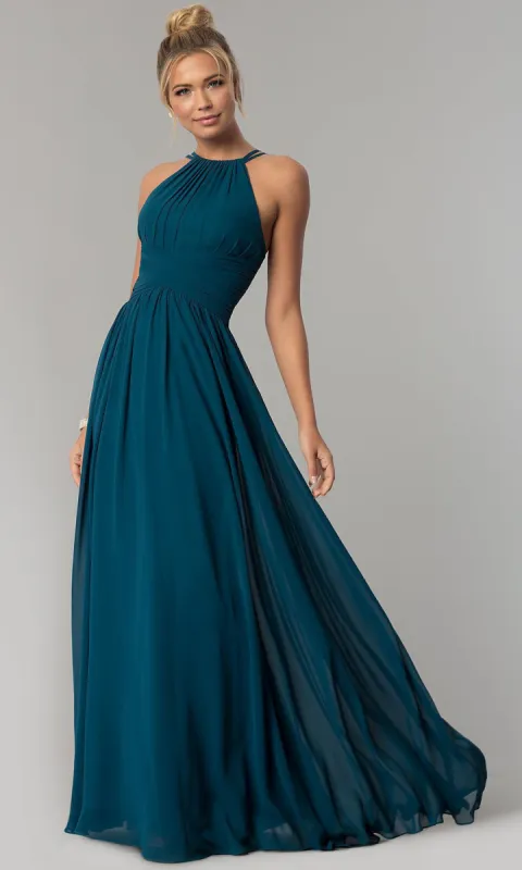 High-Neck Chiffon Ruched Long Prom Dress sold by PromGirl