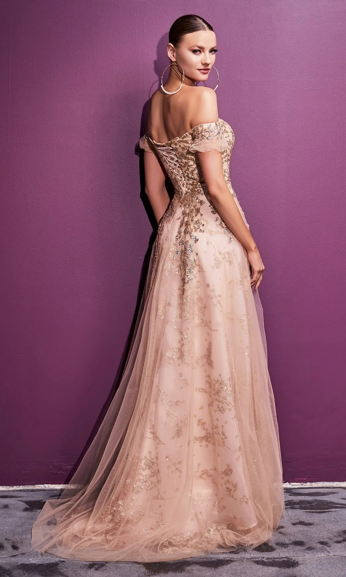Off-the-Shoulder Gold-Glitter Long Prom Dress C73 sold by PromGirl product image thumbnail 2