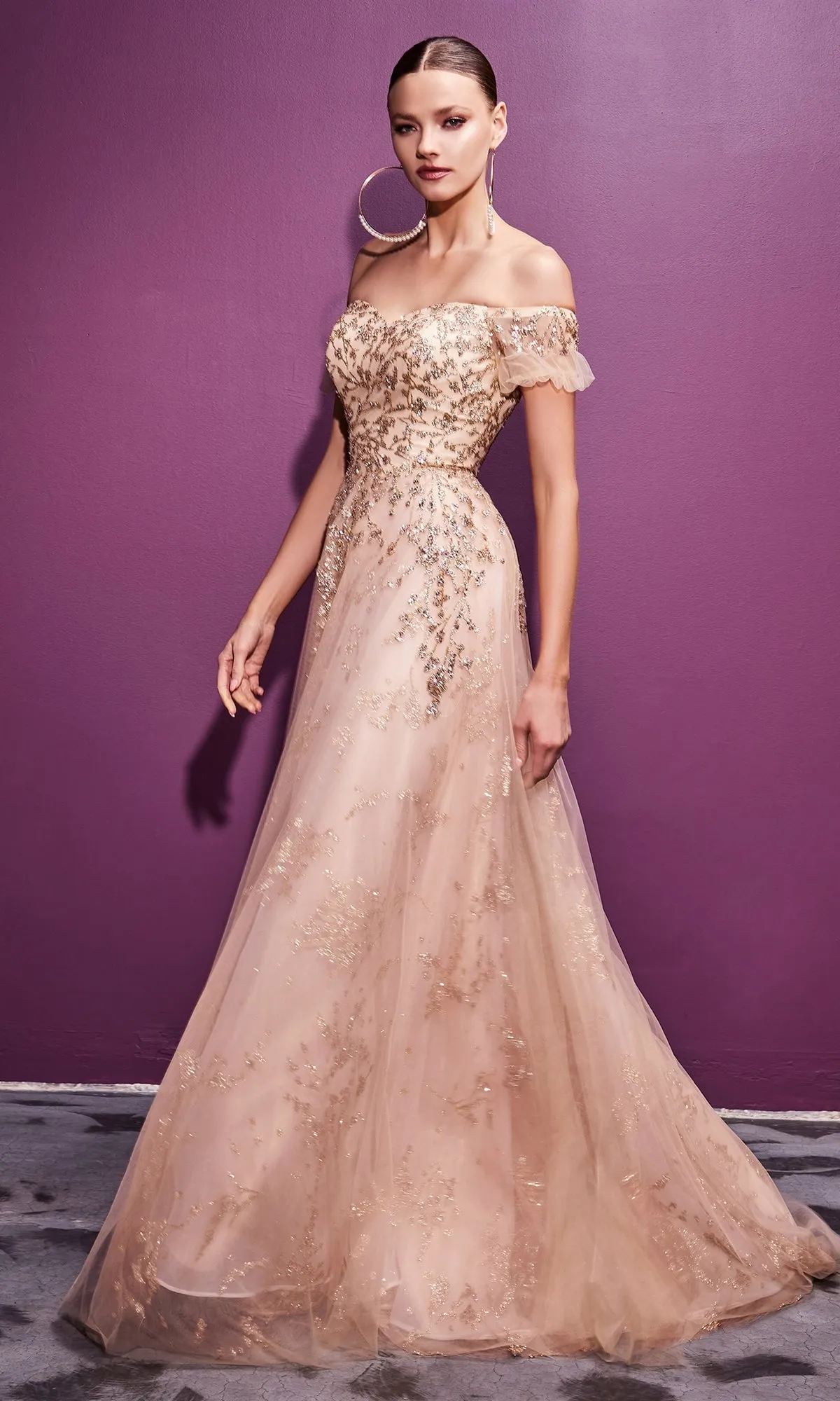 Off-the-Shoulder Gold-Glitter Long Prom Dress C73 sold by PromGirl