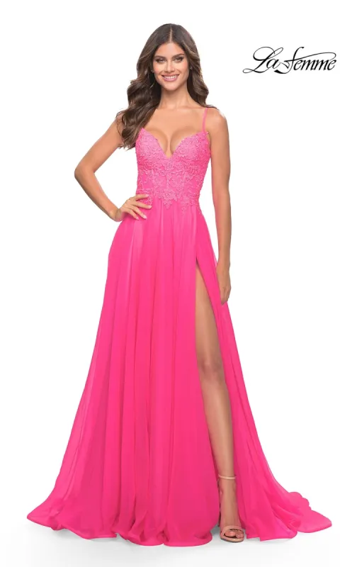 La Femme Neon Pink Long A-Line Prom Dress 31506 sold by PromGirl