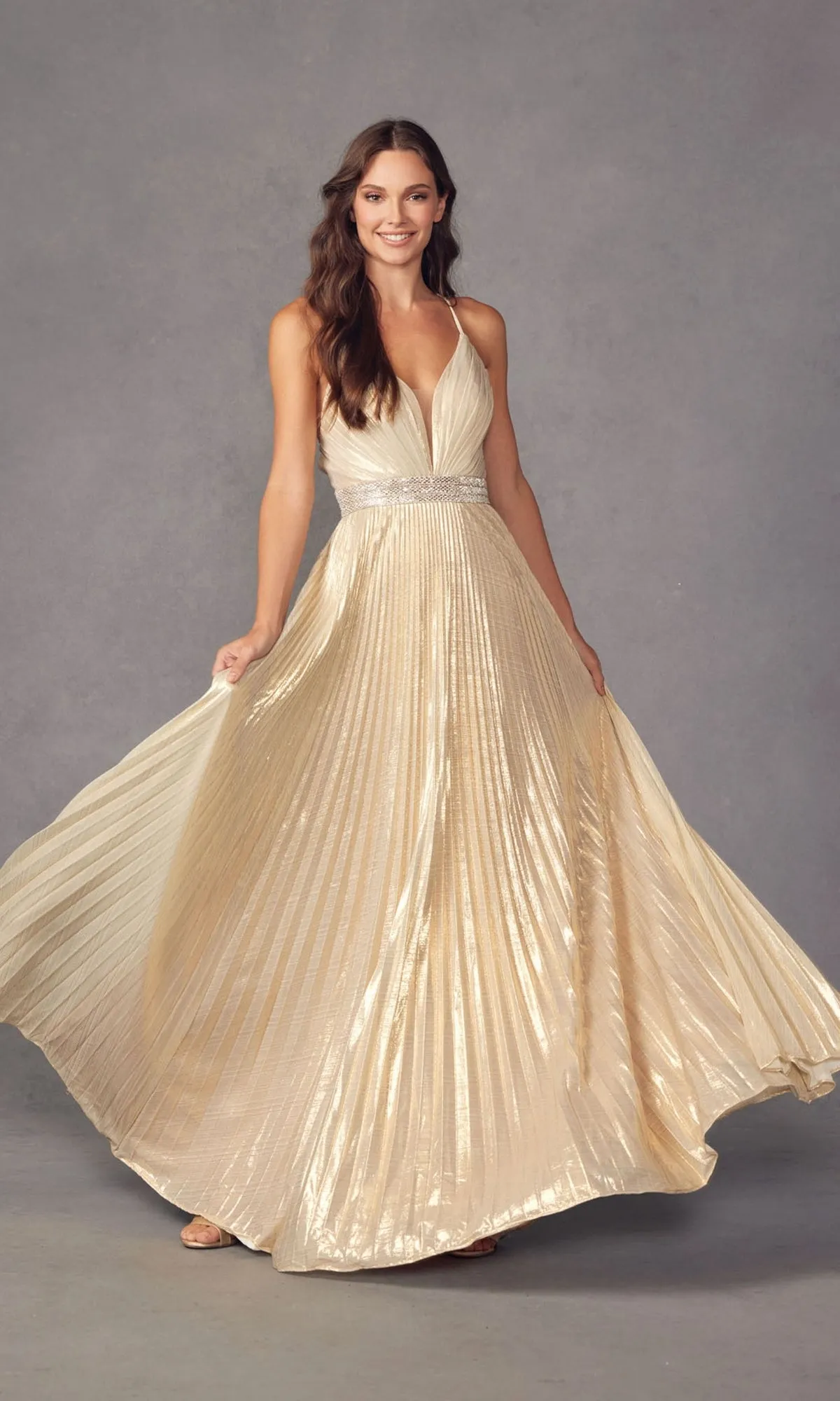 Deep V-Neck Pleated Long A-Line Prom Dress 226 sold by PromGirl product image thumbnail 3