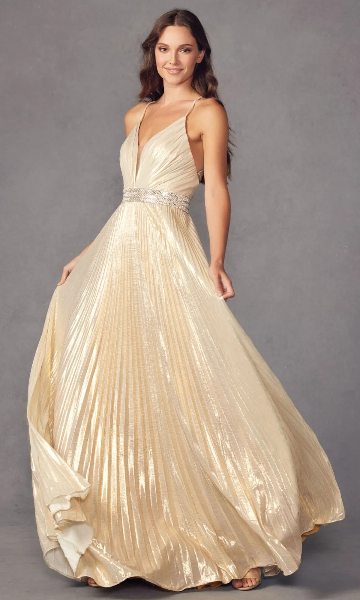 Deep V-Neck Pleated Long A-Line Prom Dress 226 sold by PromGirl product image thumbnail 5