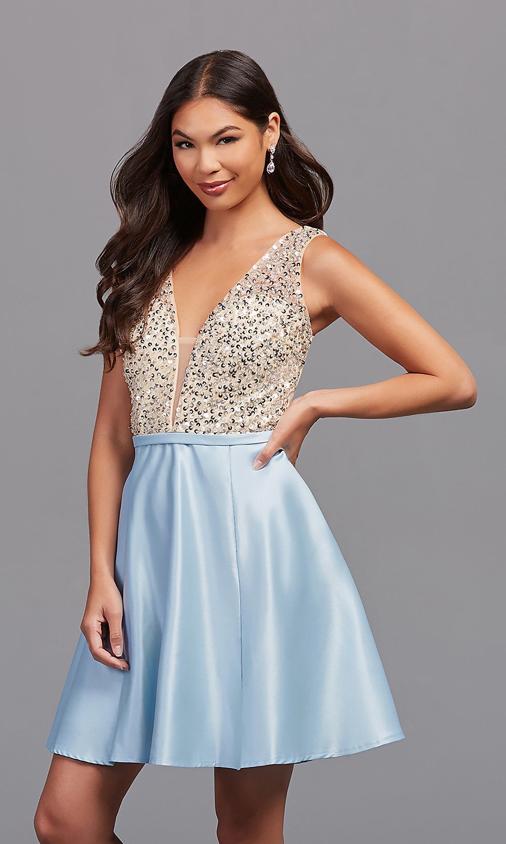 Short Sequin-Bodice V-Neck Hoco Dress by PromGirl sold by PromGirl
