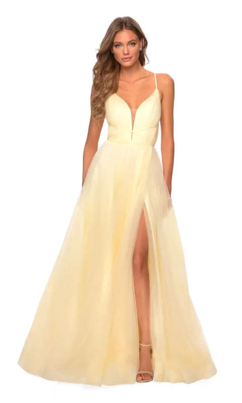 La Femme Backless V-Neck Tulle Prom Ball Gown 28893 sold by PromGirl