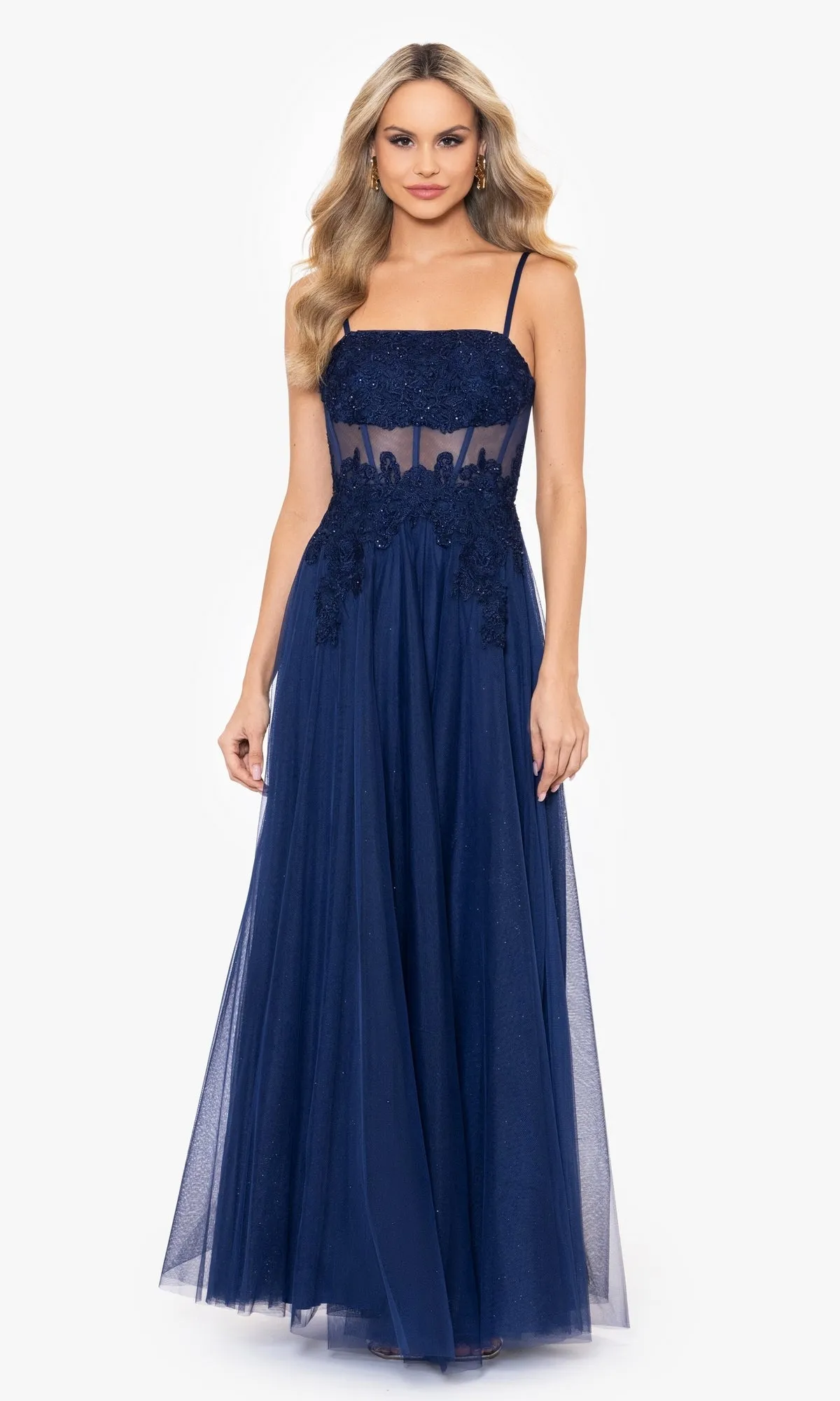 Sheer-Waist Long Navy Blue Prom Dress 4838BN sold by PromGirl product image thumbnail 4