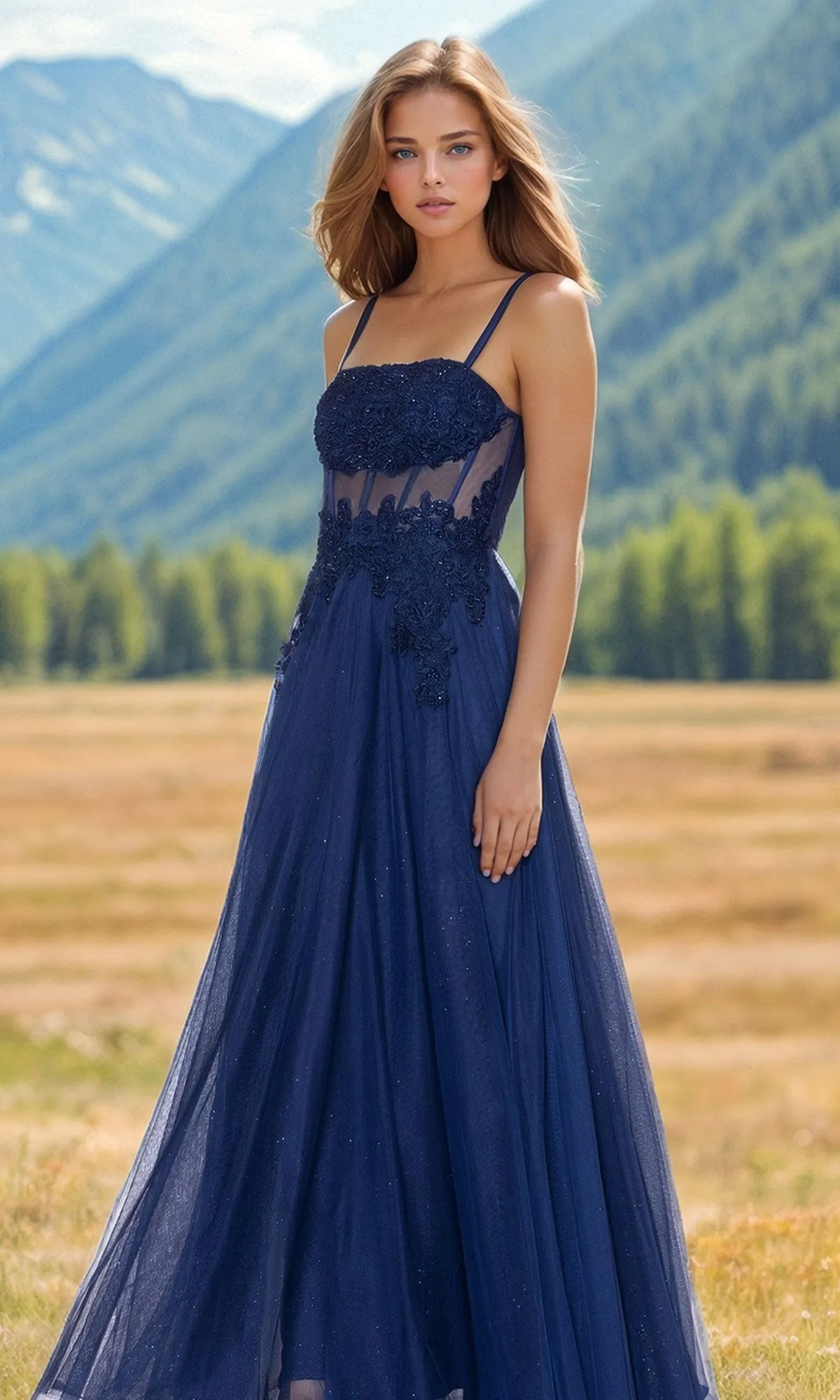 Sheer-Waist Long Navy Blue Prom Dress 4838BN sold by PromGirl