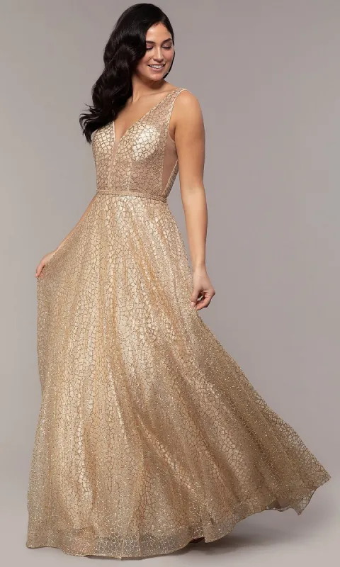 Glitter-Mesh V-Neck Formal Long Prom Dress sold by PromGirl