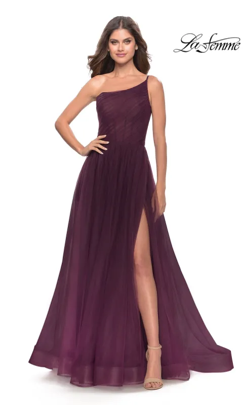 One-Shoulder Sheer-Bodice Prom Ball Gown 31069 sold by PromGirl