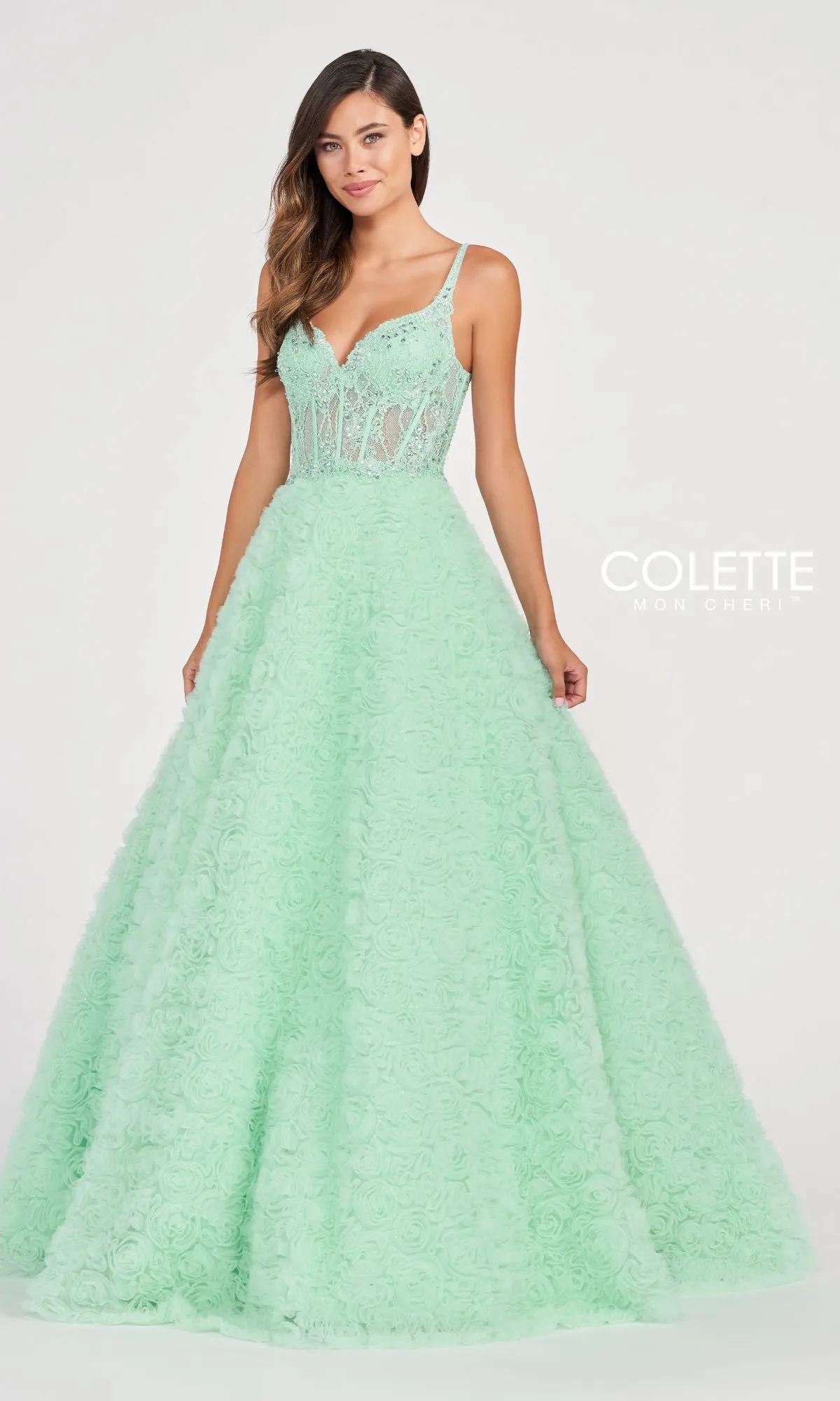 Colette Sheer-Bodice Rosette Beaded Lace Ball Gown sold by PromGirl product image thumbnail 5