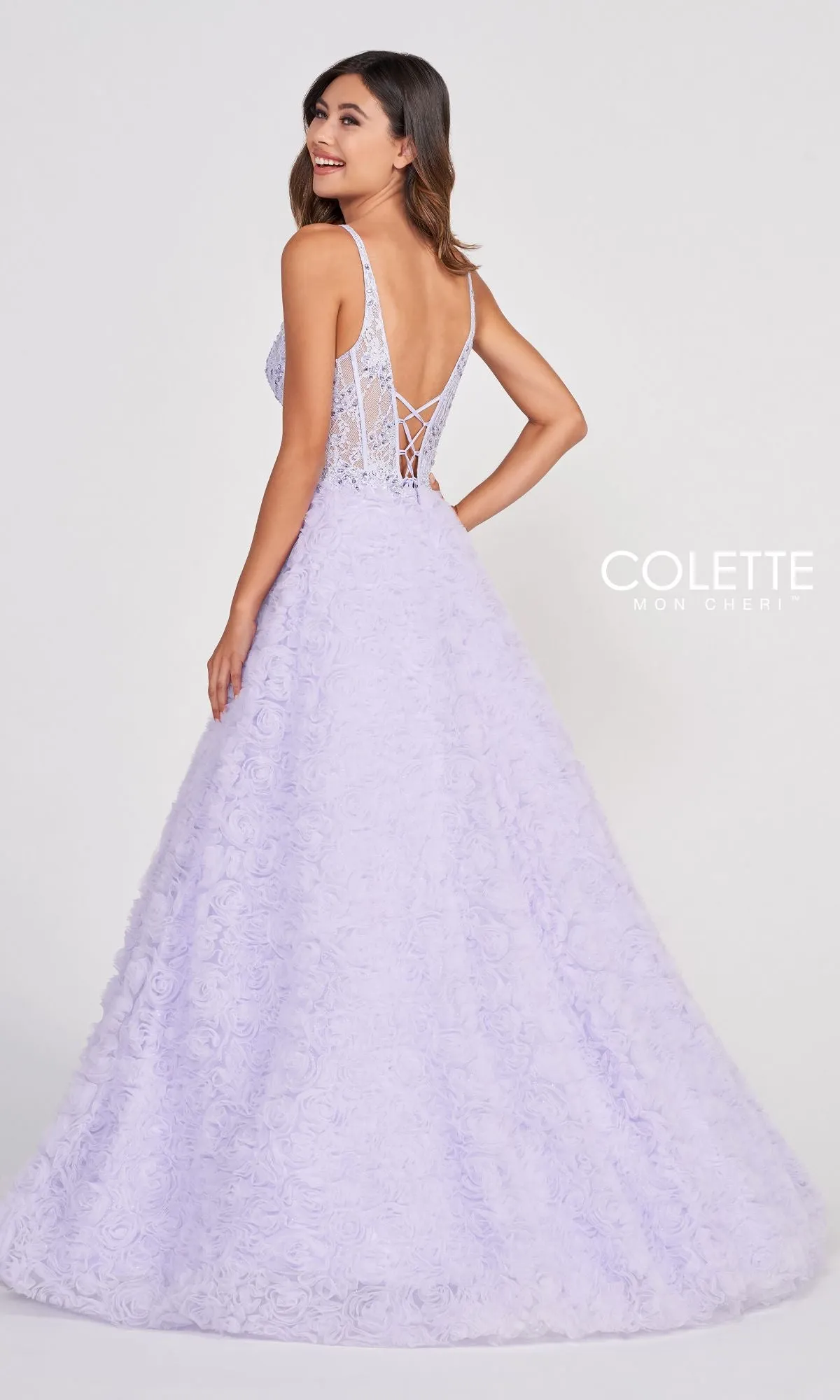 Colette Sheer-Bodice Rosette Beaded Lace Ball Gown sold by PromGirl product image thumbnail 2
