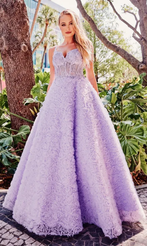 Colette Sheer-Bodice Rosette Beaded Lace Ball Gown sold by PromGirl