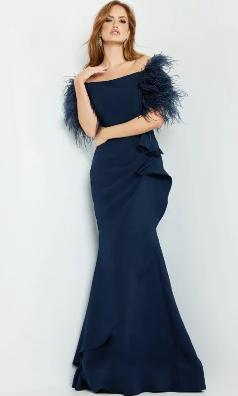 Jovani Feather-Trim Long Formal Dress 09154 made by Jovani