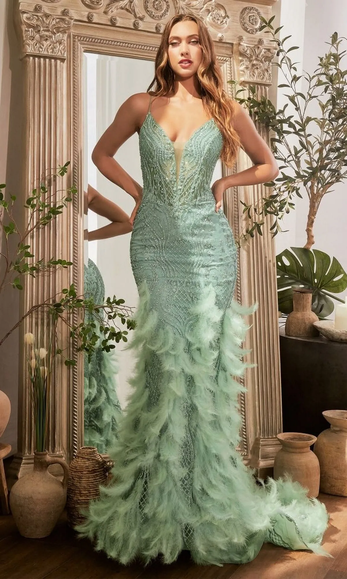 Feather-Trimmed Glitter-Print Long Prom Dress CC1608 sold by PromGirl product image thumbnail 3
