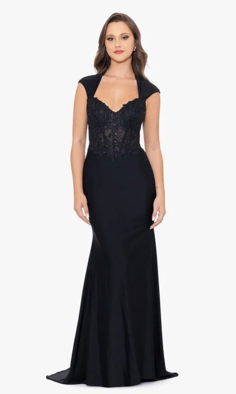 Cap Sleeve Long Black Prom Dress sold by PromGirl