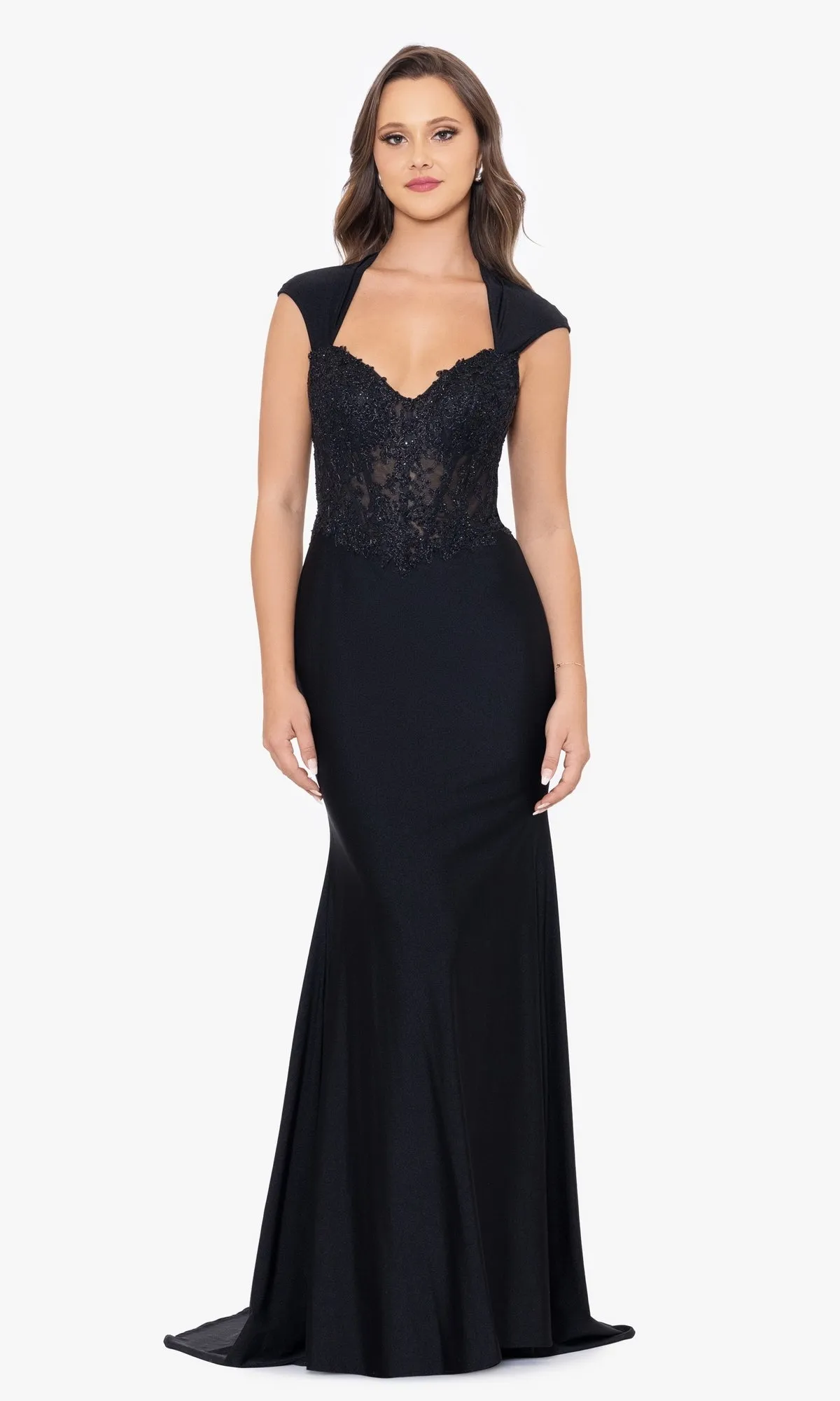Cap Sleeve Long Black Prom Dress sold by PromGirl