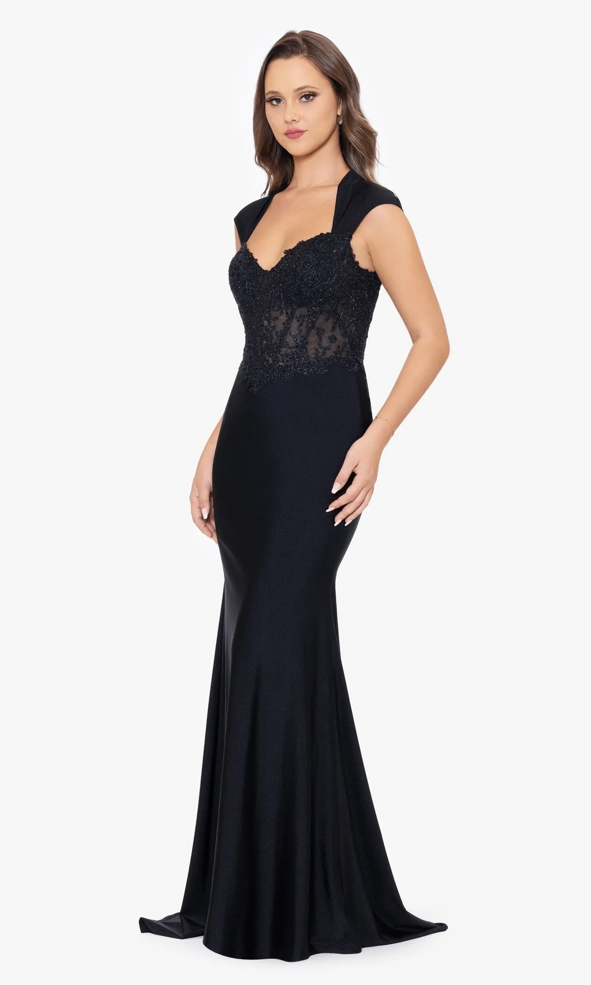 Cap Sleeve Long Black Prom Dress sold by PromGirl product image thumbnail 4