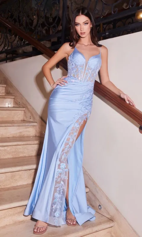 Sheer-Waist Lace-Up Long Blue Prom Dress CM351 sold by PromGirl